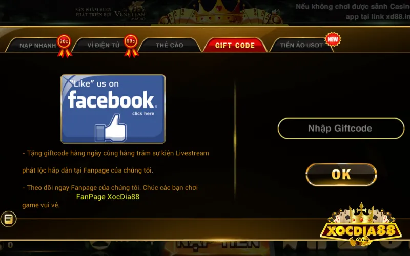 Nạp tiền XOCDIA88 bằng Giftcode